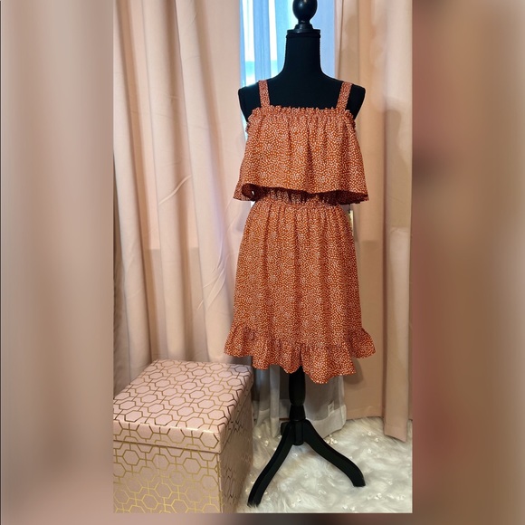 Liberty Love Dress Rust Orange w/white polka dots - Picture 2 of 3